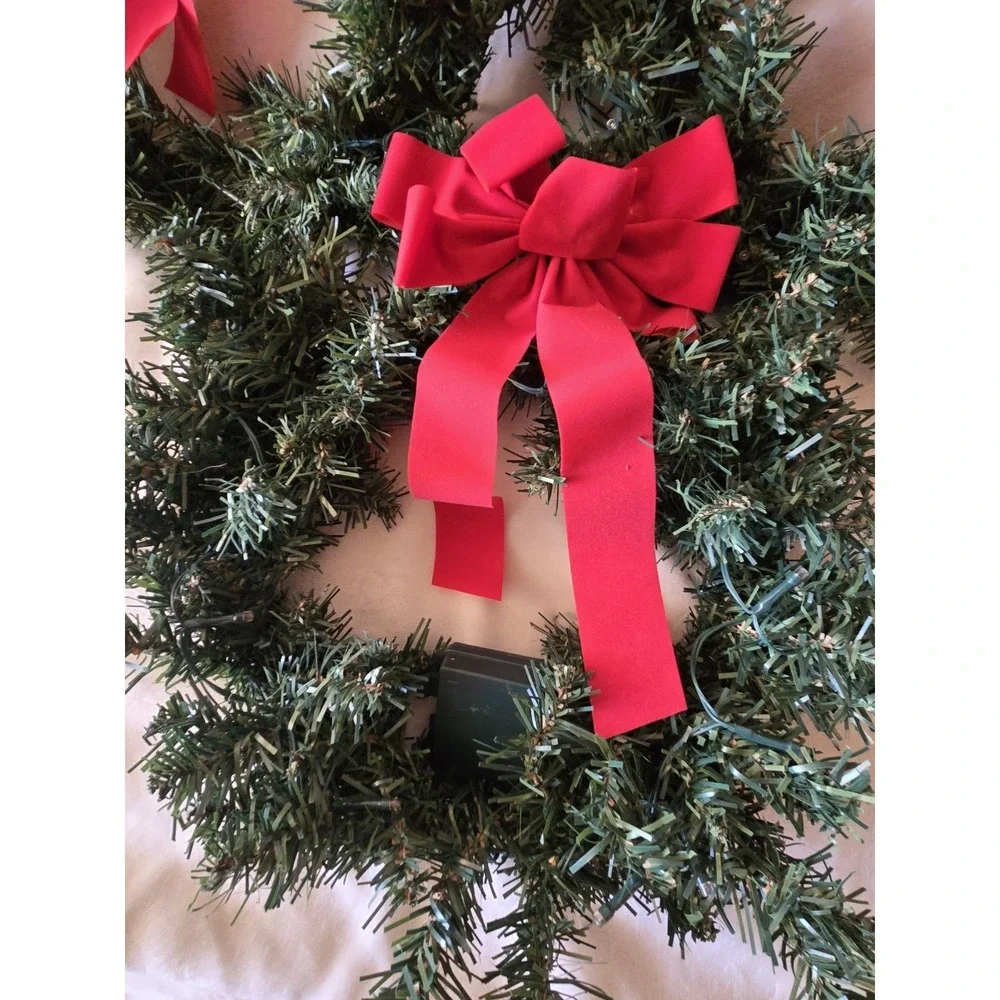 H For Happy Set of 3 LED Light Up Wreaths with Red Bows Outdoor Indoor Christmas